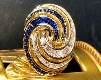 Estate 18K Baguette Diamond Sapphire Spiral Swirl Cocktail Ring 5.10cttw