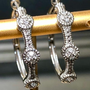 Estate 18K White Gold Judith Ripka Lever Back Diamond Hoop Earrings
