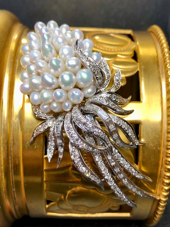 Broche En Or 18k Jaune Et Blanc - Avec Perle Et Diamants - Occasion