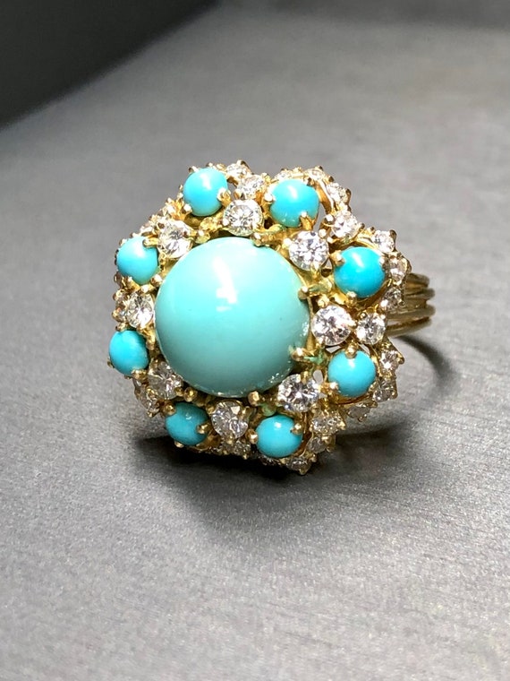 Vintage Octagonal 18K Cabochon Turquoise Diamond … - image 7