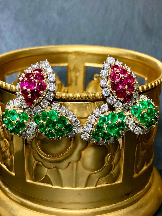 Platinum 18K Ruby Emerald Diamond Leaf Earrings - image 2