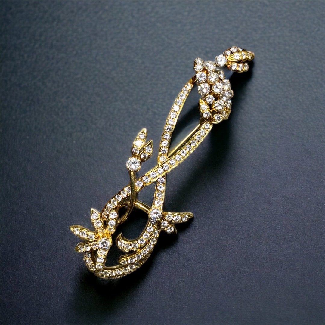 ♪金とダイアモンド〜ピン型ブローチ ヴィンテージ 14K ダイヤモンド ロング フローラル ブローチ