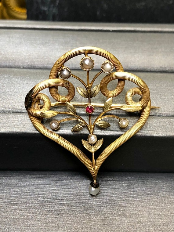 Antique 18K Art Nouveau Enamel Ruby Seed Pearl Pin Brooch