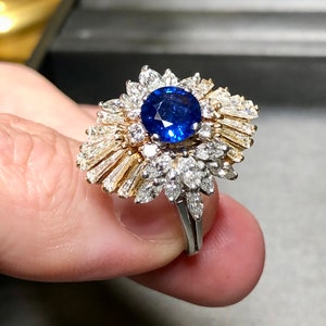 Estate Platinum 18K Ceylon Sapphire Baguette Marquise Diamond Cocktail Ring GIA zdjęcie 8