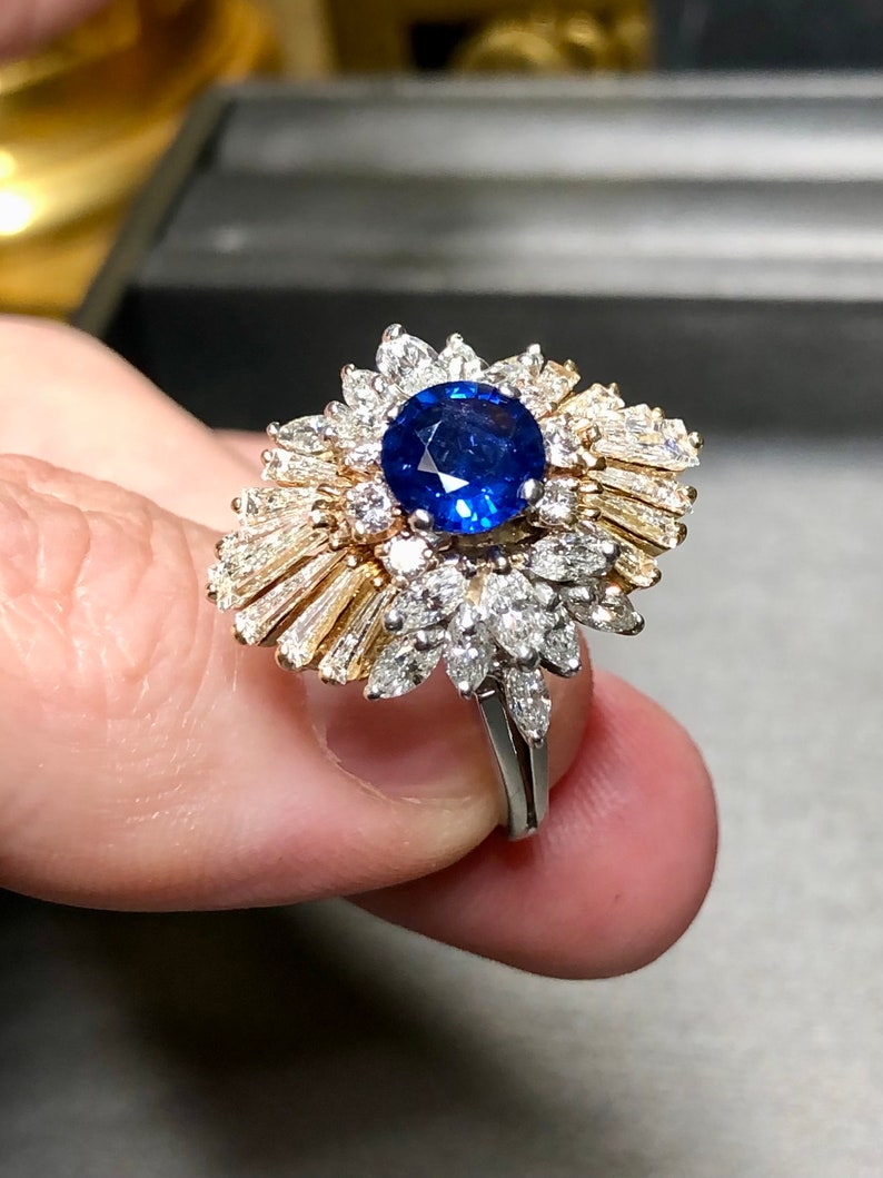 Estate Platinum 18K Ceylon Sapphire Baguette Marquise Diamond Cocktail Ring GIA zdjęcie 8