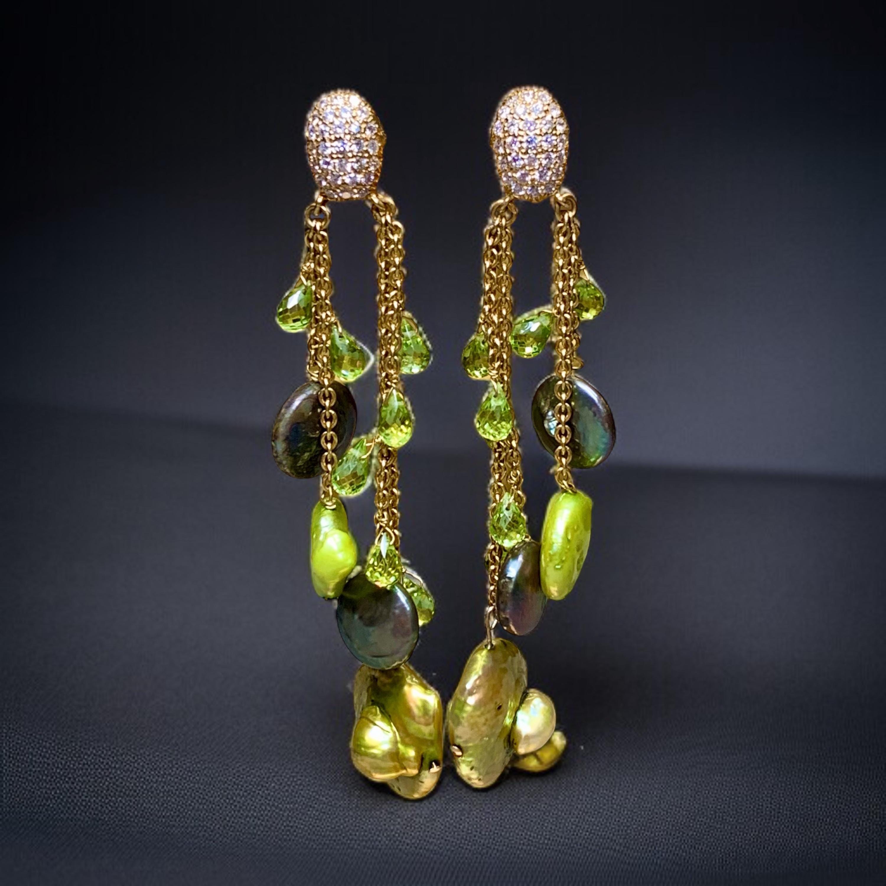 Estate 18K Diamond Briolette Peridot Green Button Pearl Dangle Drop Earrings