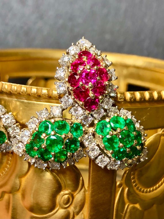 Platinum 18K Ruby Emerald Diamond Leaf Earrings - image 3