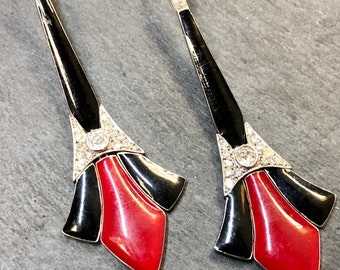 Vintage Art Deco Platinum Red & Black Enamel Diamond Earrings