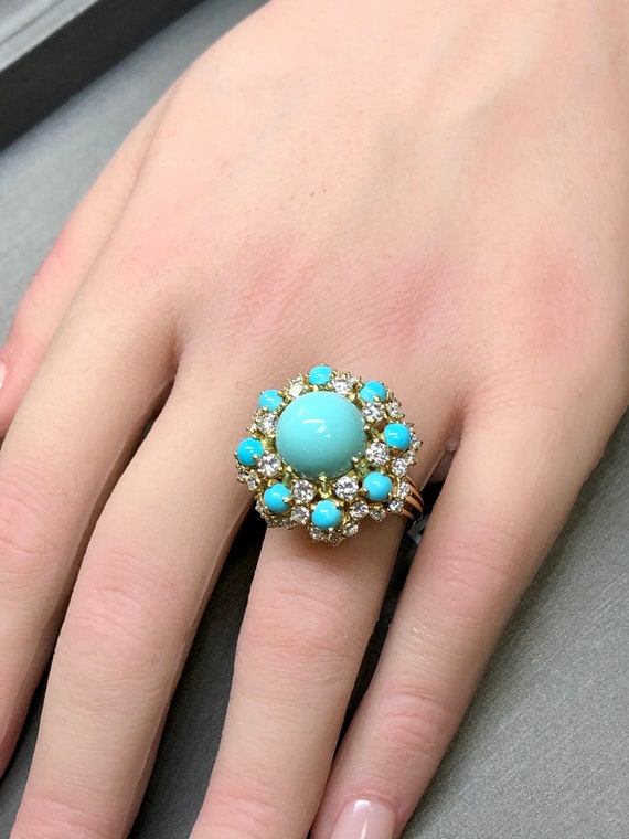 Vintage Octagonal 18K Cabochon Turquoise Diamond … - image 10