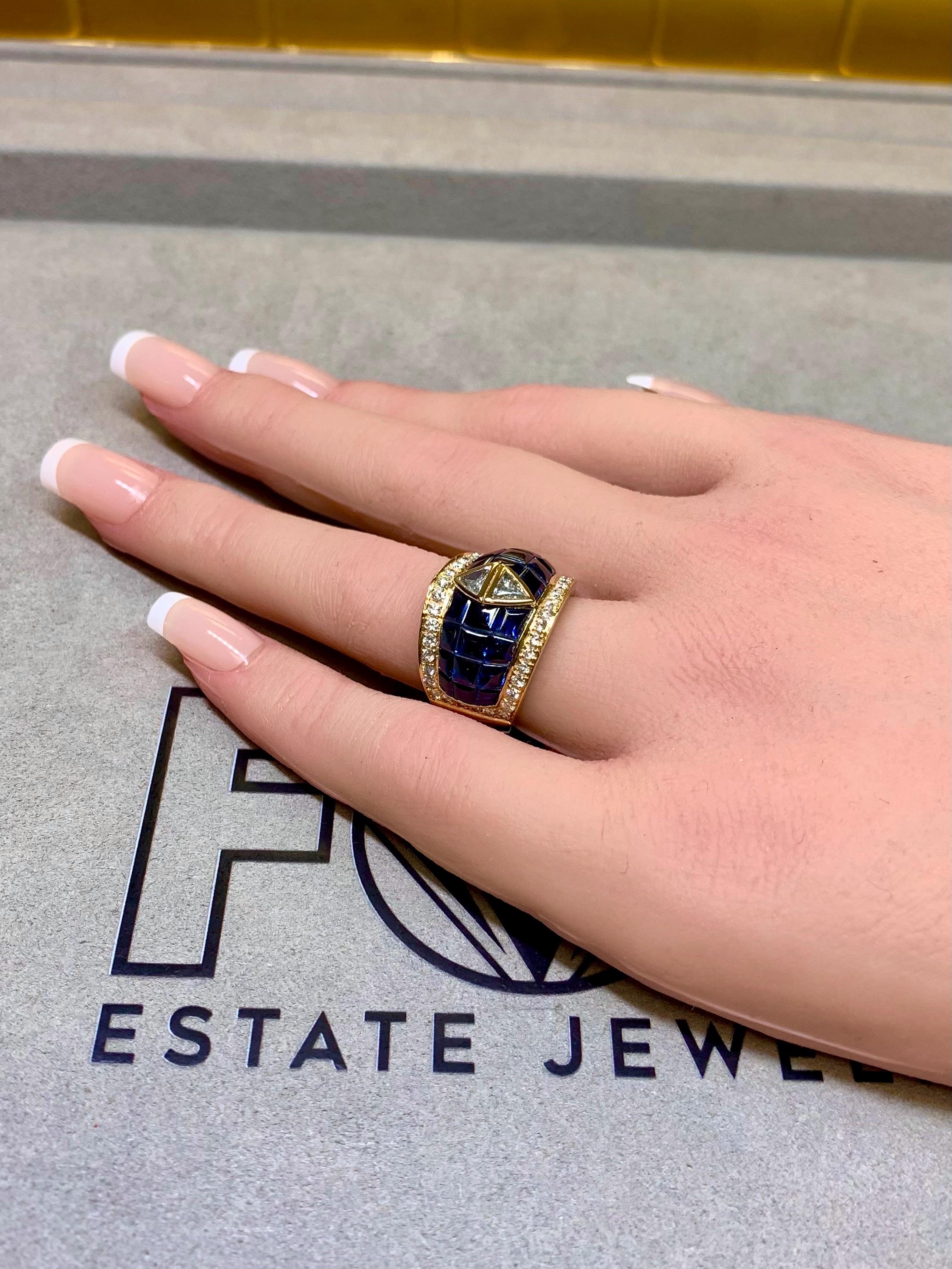 18K Invisible Set Buff Top Sapphire Trilliant Round Diamond Wide ...