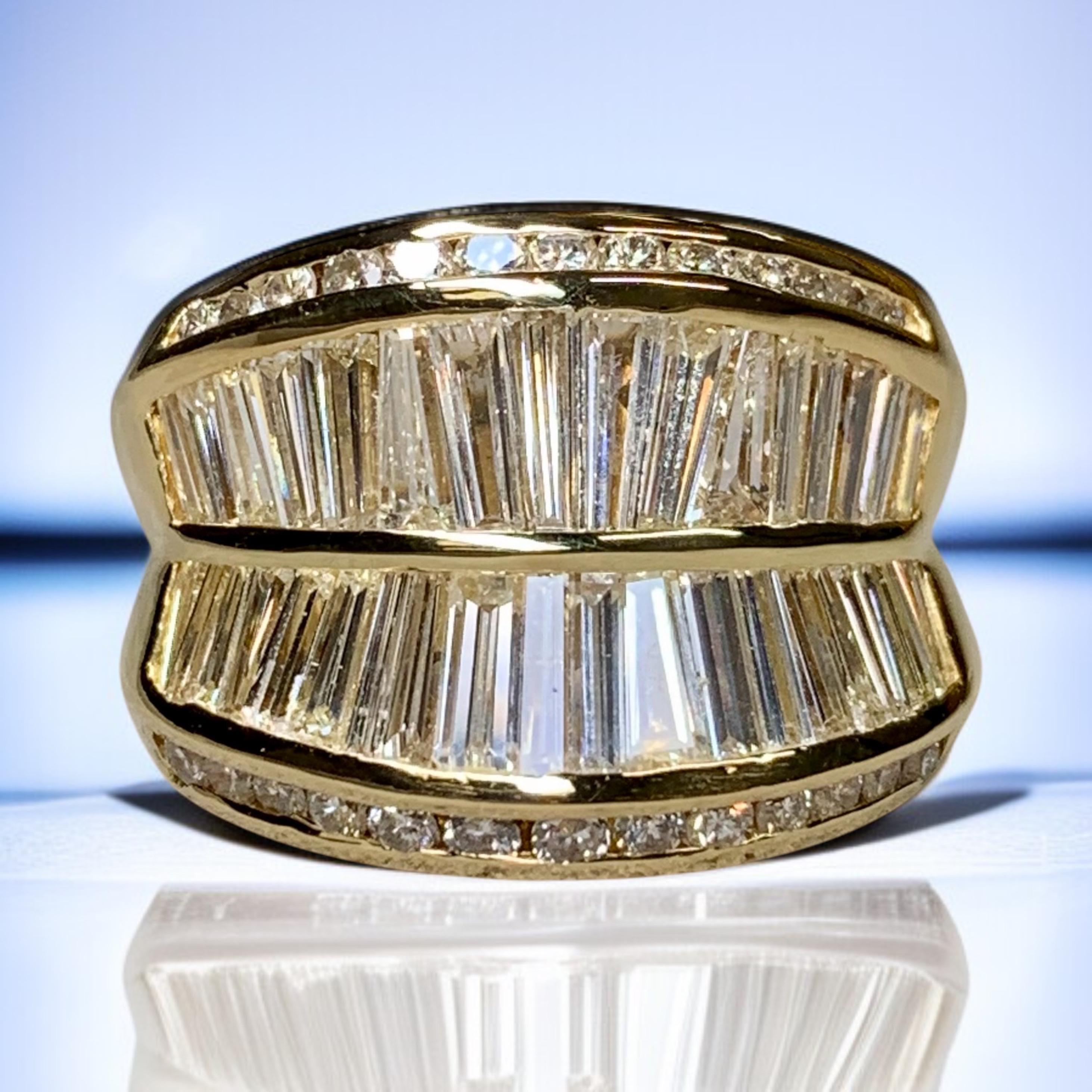 Nachlass 18K Baguette Rund Diamant zweireihig Großer Cocktail Ring 5.20ctw