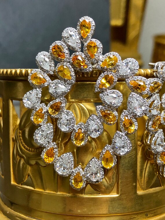 Estate 14K Pear Round Diamond Orange Sapphire Lar… - image 6