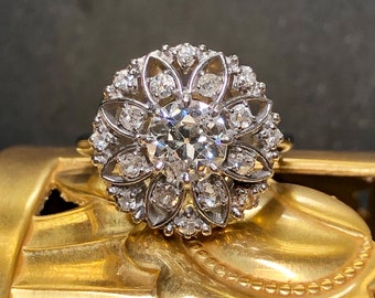 Vintage 18K .90ct Old European Mine Cut Diamond Openwork Round Cocktail Ring