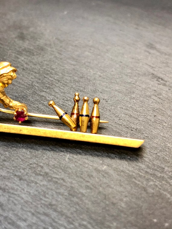 18K Art Nouveau Child Bowling Ruby Enamel Pin - image 3