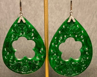 Estate 18K Carved Jade Disc Diamond Dangle Drop Earrings