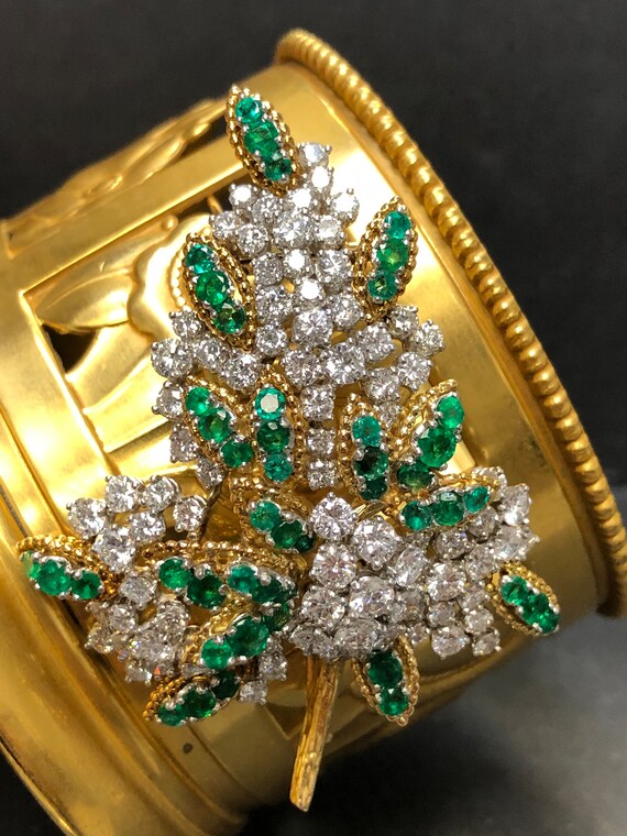 French 18K Platinum Diamond Emerald Leaf Brooch View 2