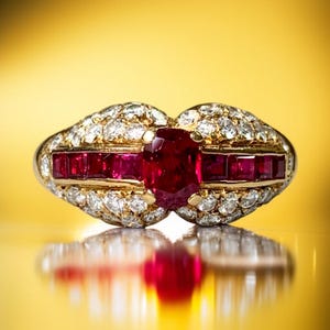 Vintage Cartier 18K Yellow Gold Oval Ruby Pavé Diamond Ring C. 1980’s Sz 7.5