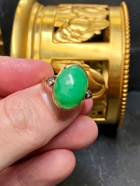 Antique Art Deco 18K Cabochon Jade European Diamo… - image 3