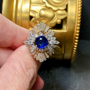 Estate Platinum 18K Ceylon Sapphire Baguette Marquise Diamond Cocktail Ring GIA zdjęcie 5