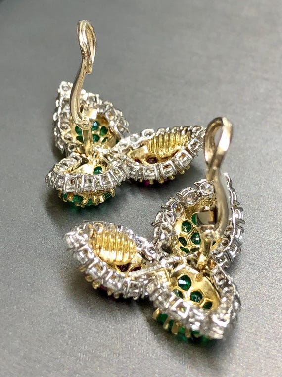 Platinum 18K Ruby Emerald Diamond Leaf Earrings - image 6