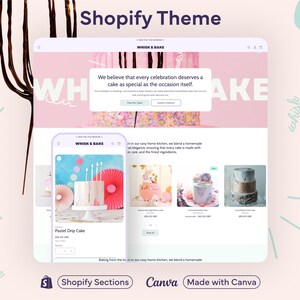 以下が含まれることがあります： ベーカリー向けのShopifyテーマのウェブサイトデザイン。ピンクと白を基調としたデザインで、ケーキを紹介しています。「WHISK & BAKE」の文字も表示されています。携帯電話のモックアップも含まれています。