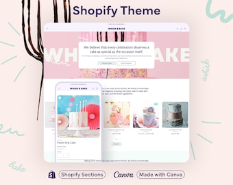 Può includere: Design del sito web per una panetteria, utilizzando un tema Shopify. Il design presenta una combinazione di colori rosa e bianco e mostra torte. Il testo "WHISK & BAKE" è visibile. È incluso anche un mockup di telefono cellulare.