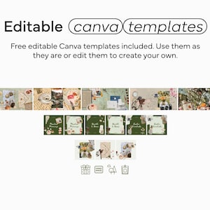 May include: A white background with the text "Editable canva templates". Below the text are several images of templates. The text "Free editable Canva templates included. Use them as they are or edit them to create your own." is also included.