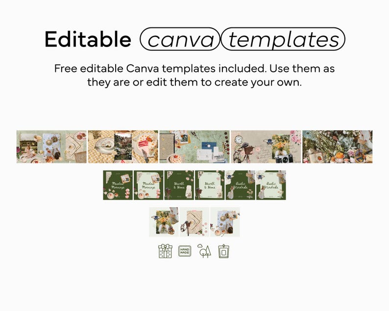 May include: A white background with the text "Editable canva templates". Below the text are several images of templates. The text "Free editable Canva templates included. Use them as they are or edit them to create your own." is also included.