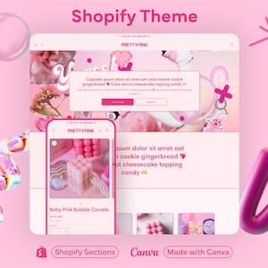 Op de afbeelding: Een roze en wit Shopify-thema met een roze bubbelkaars en de tekst "Baby Pink Bubble Candle" op een mobiel telefoonscherm. Het thema is ontworpen met een roze en wit kleurenschema en heeft een roze en witte bubbelkaars. De tekst "Shopify Sections" en "Made with Canva" is ook zichtbaar op het scherm.