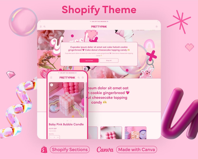 Screenshot of a pink-themed Shopify e-commerce website with a desktop and mobile view. The site features playful icons, a candy-inspired design, and a product listing for a pink bubble candle.