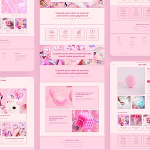 Shopify theme mockup with a pink color scheme featuring various product sections, email subscription, and free delivery icons. The products showcased include bath bombs, candles, and body care items, all styled in a soft, pastel pink aesthetic.