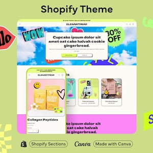 May include: A computer screen mockup showing a Shopify theme with a pink and green color scheme. The theme features a product image of collagen peptides, a text overlay with the words "Cupcake ipsum dolor sit amet oat cake halvah cookie gingerbread", and a 30% off sale banner. The theme also includes a section for product highlights with images of a Polaroid camera and a planner.