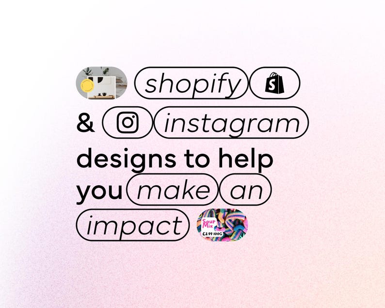 May include: Image with text that reads "Shopify & Instagram designs to help you make an impact." The image includes a shopping bag icon and a colorful yarn ball.
