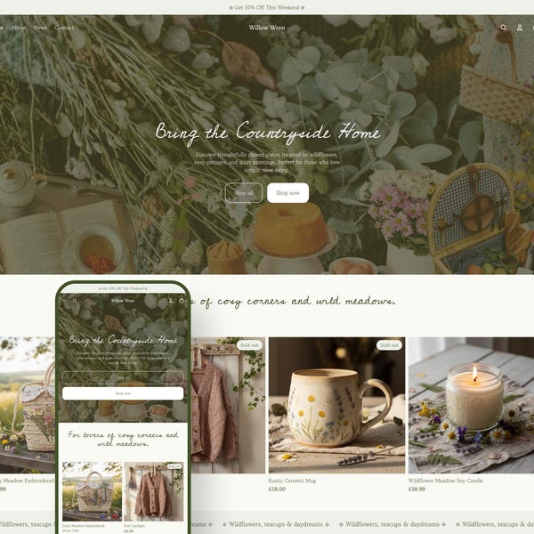 Cottagecore Shopify Theme Rustic Website Design Vintage Floral Boutique Template Natural Aesthetic Handmade Craft Store Layout