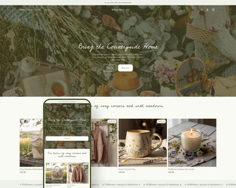 May include: Website homepage featuring the text "Bring the Countryside Home" with a mobile phone displaying the same text. The site showcases rustic decor, including a mug, candle, and basket, with a natural, floral theme.