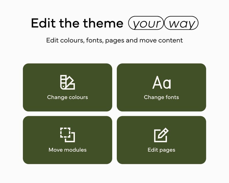 May include: White background with text that reads "Edit the theme your way". Four green rectangular buttons with white icons and text: "Change colours", "Change fonts", "Move modules", and "Edit pages".