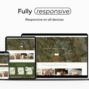 May include: A digital mockup showcasing a website design displayed on a smartphone, tablet, and laptop. The text "Fully responsive" and "Responsive on all devices" is displayed at the top. The website features a green and white color scheme.