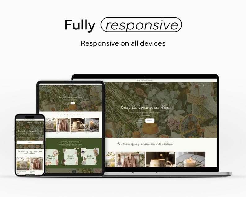May include: A digital mockup showcasing a website design displayed on a smartphone, tablet, and laptop. The text "Fully responsive" and "Responsive on all devices" is displayed at the top. The website features a green and white color scheme.