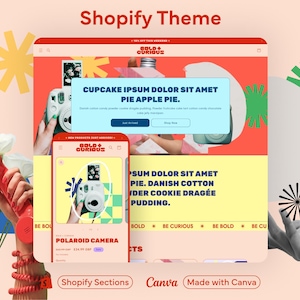 May include: A website mockup for a Shopify theme with a colorful, geometric design. The website features a product called "Polaroid Camera" with a price of $34.99 GBP. The website also features a pop-up message that says "Cupcake Ipsum Dolor Sit Amet Pie Apple Pie."