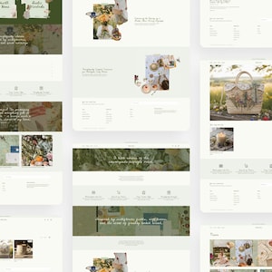 May include: A website design featuring a floral theme with a light green and white color scheme. The design includes images of flowers, a straw bag, and text. The website promotes rustic decor and home goods.