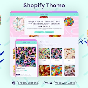 May include: A website mockup for a sweet shop called "Sweet Shop". The website features a colourful design with images of various sweets, including gummy worms, jelly beans and marshmallows. The website also includes a section for "Shop All Sweets" and a call to action to "Indulge in a world of delicious treats, from nostalgic favourites to exciting new flavours."