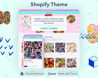 Sweets Shopify Theme Fun Retro Candy Store Website Design Bright Colourful Template Playful Confectionery Shop Customisable Online Layout