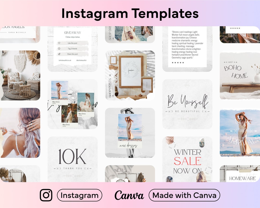 Boho Instagram Templates for Canva Editable Social Media Post Bundle ...