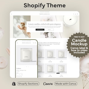 Könnte beinhalten: Ein Mockup eines Shopify-Themas für ein Kerzenunternehmen. Das Thema verfügt über einen weißen Hintergrund mit einem minimalistischen Design. Das Bild zeigt eine Kerze in einem Glasgefäß mit einem Etikett, auf dem "Caldera" steht. Das Thema enthält auch einen Abschnitt für Produktbeschreibungen und einen Abschnitt für Kundenbewertungen. Das Bild wird von einem Text begleitet, der "Kostenlos zu bearbeiten Kerzen-Mockup Canva-Label & Anleitung-Video enthalten" lautet.