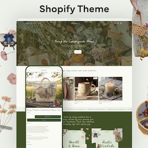 Puede incluir: Una visualización digital del diseño de un sitio web con tema Shopify que muestra una vista móvil de un bolso de paja, una taza de cerámica y una vela, rodeados de elementos decorativos que incluyen una mariposa, flores rosas y una cesta.