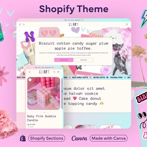 Può includere: Un mockup di sito web rosa e bianco con il testo "CRAFT" e "Shopify Theme". Il sito web presenta una candela a bolle rosa e il testo "Biscuit cotton candy sugar plum apple pie toffee".