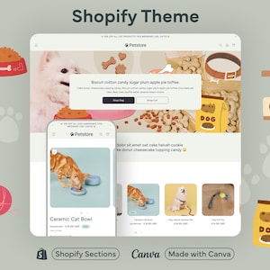 Könnte beinhalten: Ein Website-Mockup für ein Tiergeschäft namens "Petstore" mit einem hellbraunen Hintergrund. Die Website bietet eine Vielzahl von Tierprodukten, darunter eine Keramik-Katzennapf, ein Hundehalsband und -geschirr-Set sowie ein Hundespielzeug zum Ziehen. Die Website zeigt auch eine Bannerwerbung für einen Keks aus Zuckerwatte, Pflaumenzucker, Apfelkuchen und Toffee. Die Website wurde mit Canva erstellt.