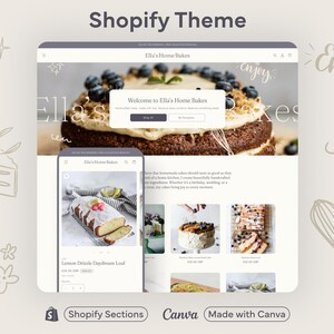May include: A screenshot of a website for a bakery called "Ella's Home Bakes". The website is designed using the Shopify platform and features a light gray background with a white text overlay. The website features a large image of a cake with blueberries and a text overlay that says "Welcome to Ella's Home Bakes". The website also features a section with images of other baked goods, such as a lemon drizzle loaf and a chocolate cake.