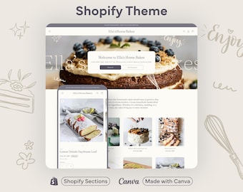 Può includere: Uno screenshot di un sito web per una panetteria chiamata "Ella's Home Bakes". Il sito web è progettato utilizzando la piattaforma Shopify e presenta uno sfondo grigio chiaro con un testo bianco sovrapposto. Il sito web presenta una grande immagine di una torta con mirtilli e un testo sovrapposto che dice "Benvenuti a Ella's Home Bakes". Il sito web presenta anche una sezione con immagini di altri prodotti da forno, come un pane al limone e una torta al cioccolato.