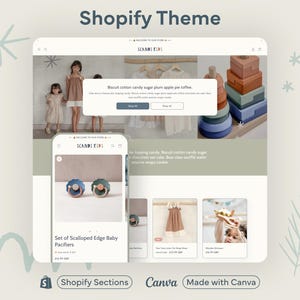 Può includere: Un sito web a tema Shopify per un negozio di abbigliamento e accessori per bambini chiamato Scandi Kids. Il sito web presenta un'immagine di prodotto di un set di ciucci per bambini con bordo a scalare in blu e verde. Il sito web presenta anche un'immagine di prodotto di un vestito e un'immagine di prodotto di un giocattolo di dinosauro di legno.